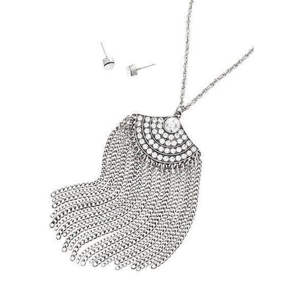 Jewelry - Silver GATSBY Rhinestone FLAPPER Pendant Long Chain Fringe Tassel Necklace Set